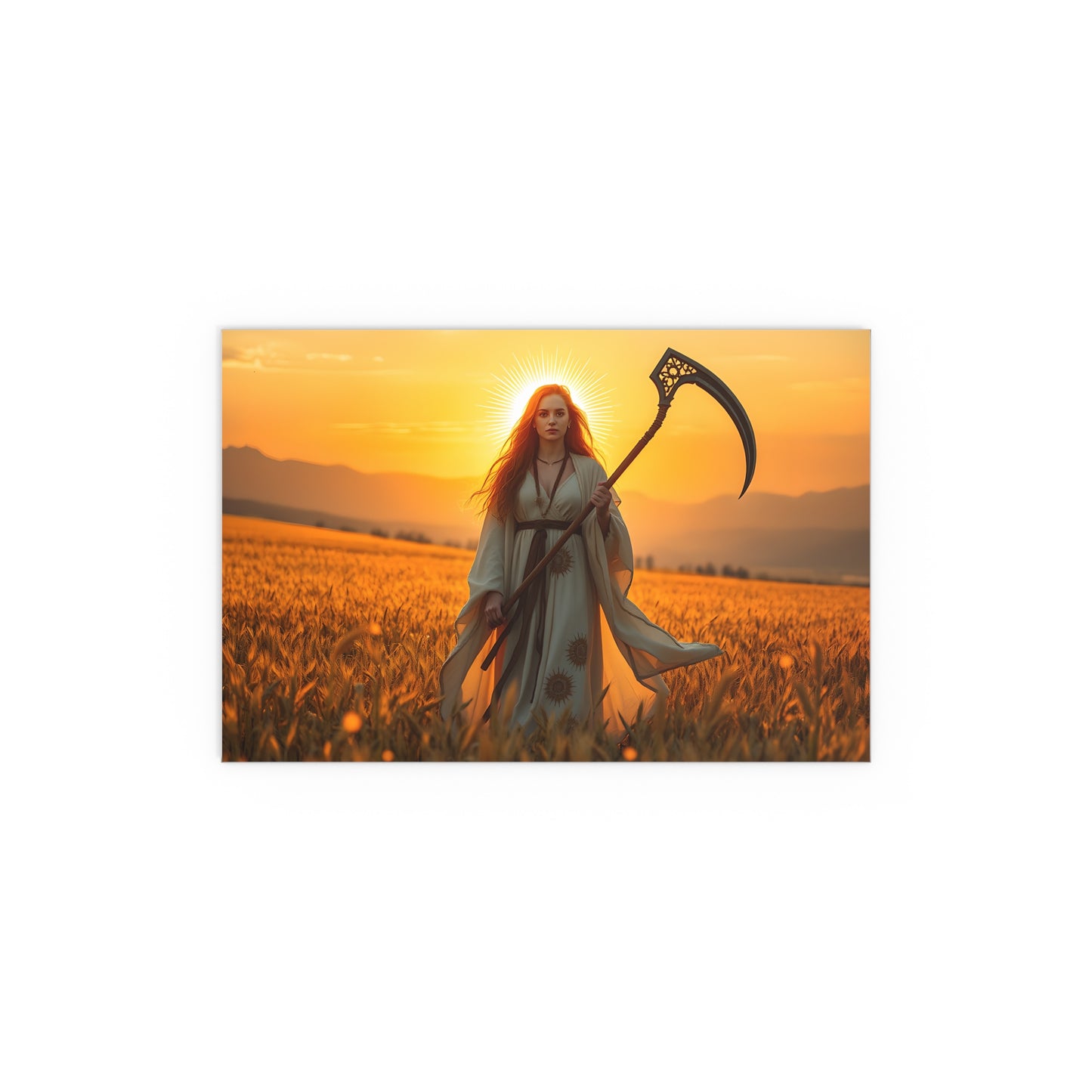 Silk Poster - Harvest Priestess in Golden Wheat Field at Sunset for Wiccan Lughnasadh Celebration