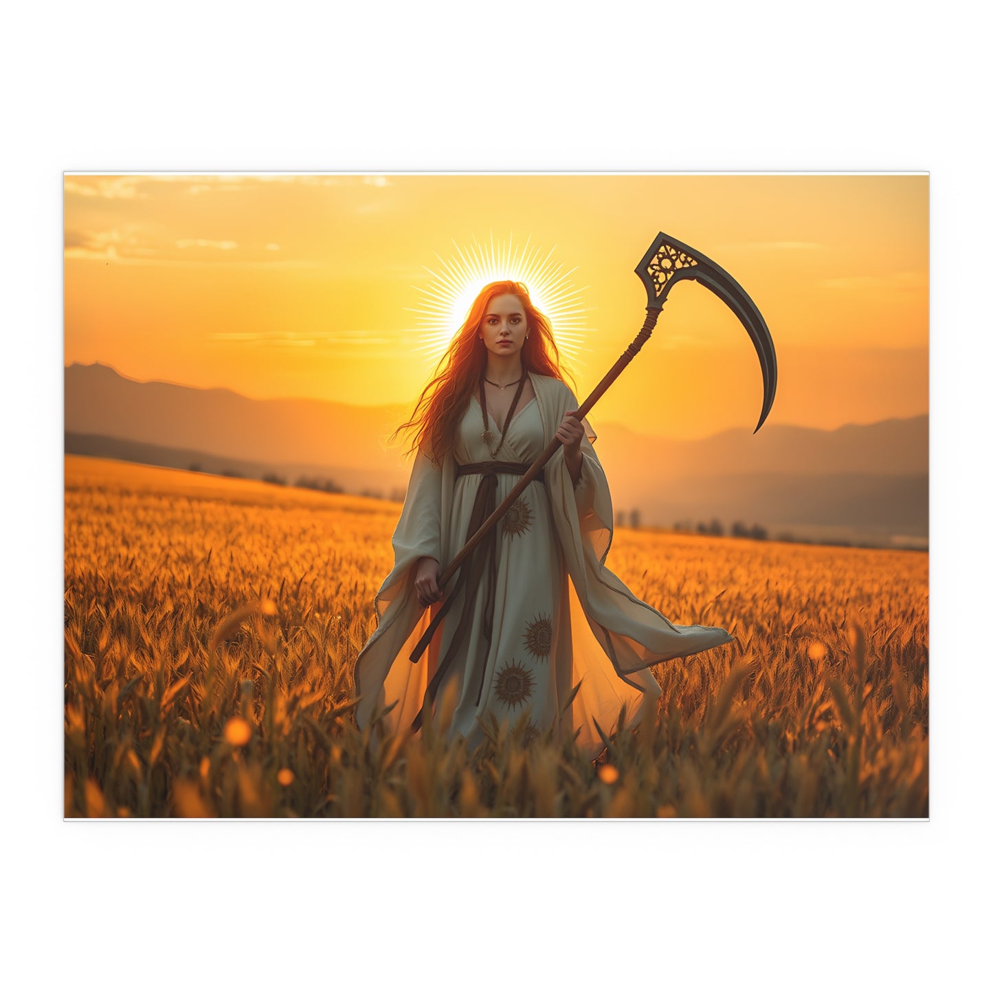 Silk Poster - Harvest Priestess in Golden Wheat Field at Sunset for Wiccan Lughnasadh Celebration