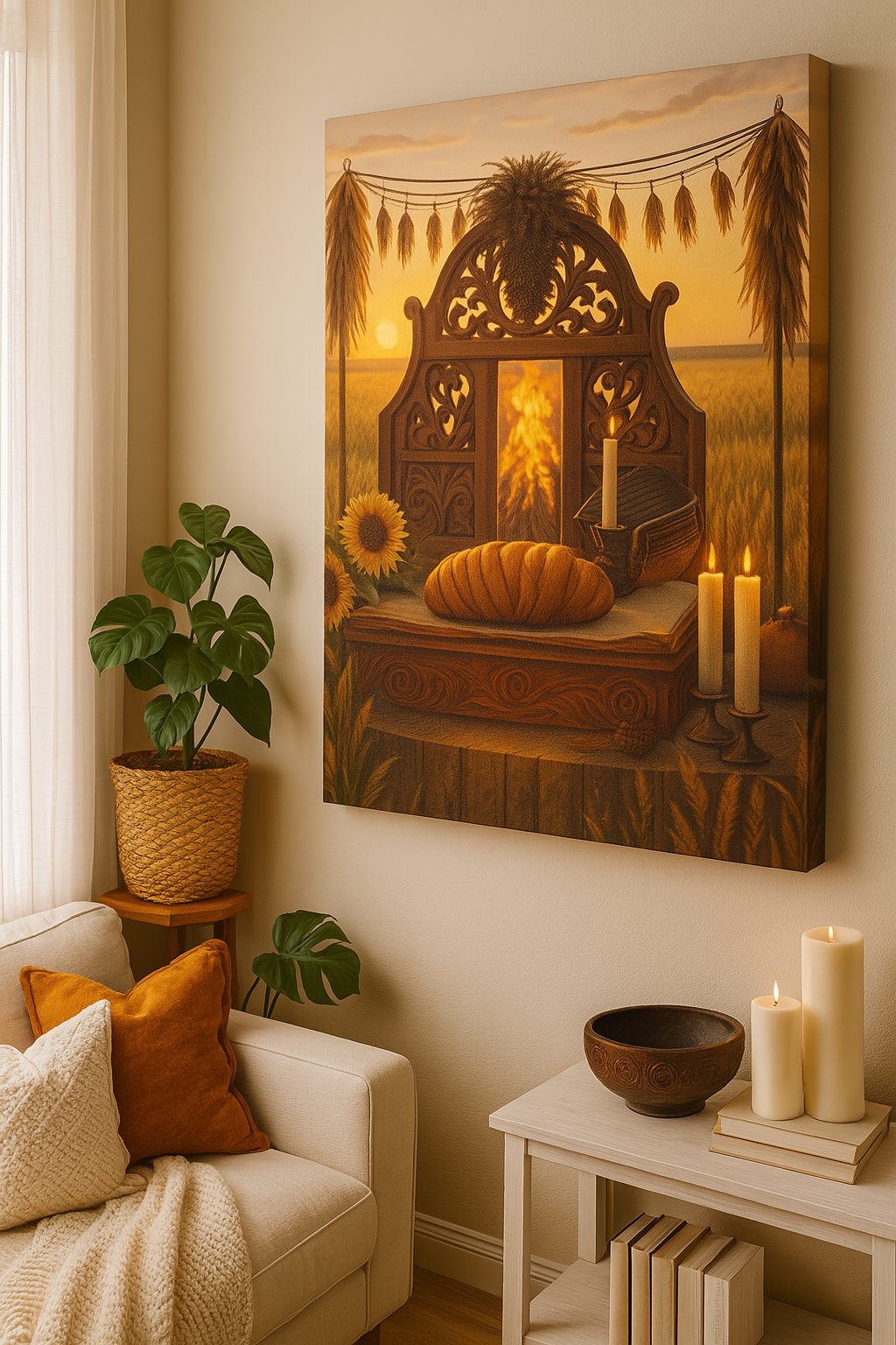 Lughnasadh Sacred Altar Poster – Pagan Harvest Wall Art with Wheat, Fire, and Sunflowers – Sabbat Decor for Lammas Rituals