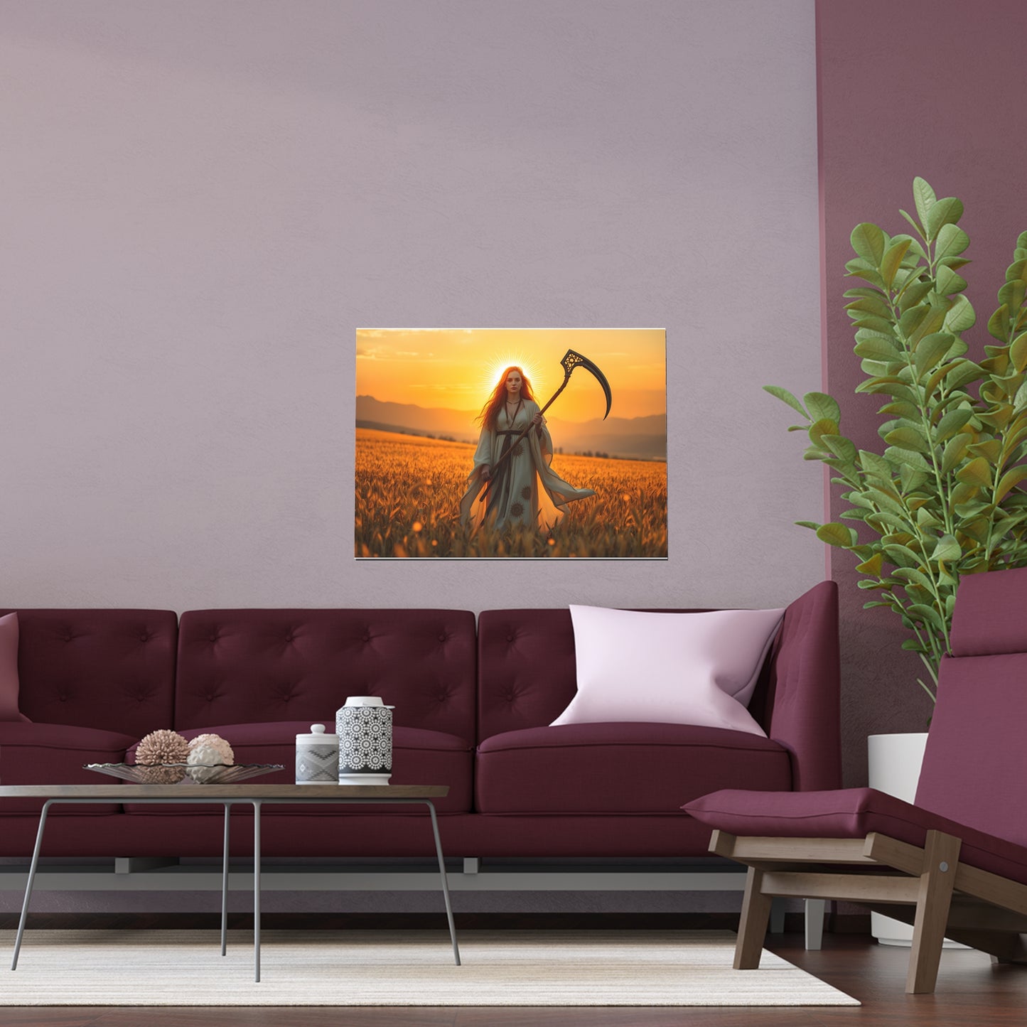 Silk Poster - Harvest Priestess in Golden Wheat Field at Sunset for Wiccan Lughnasadh Celebration