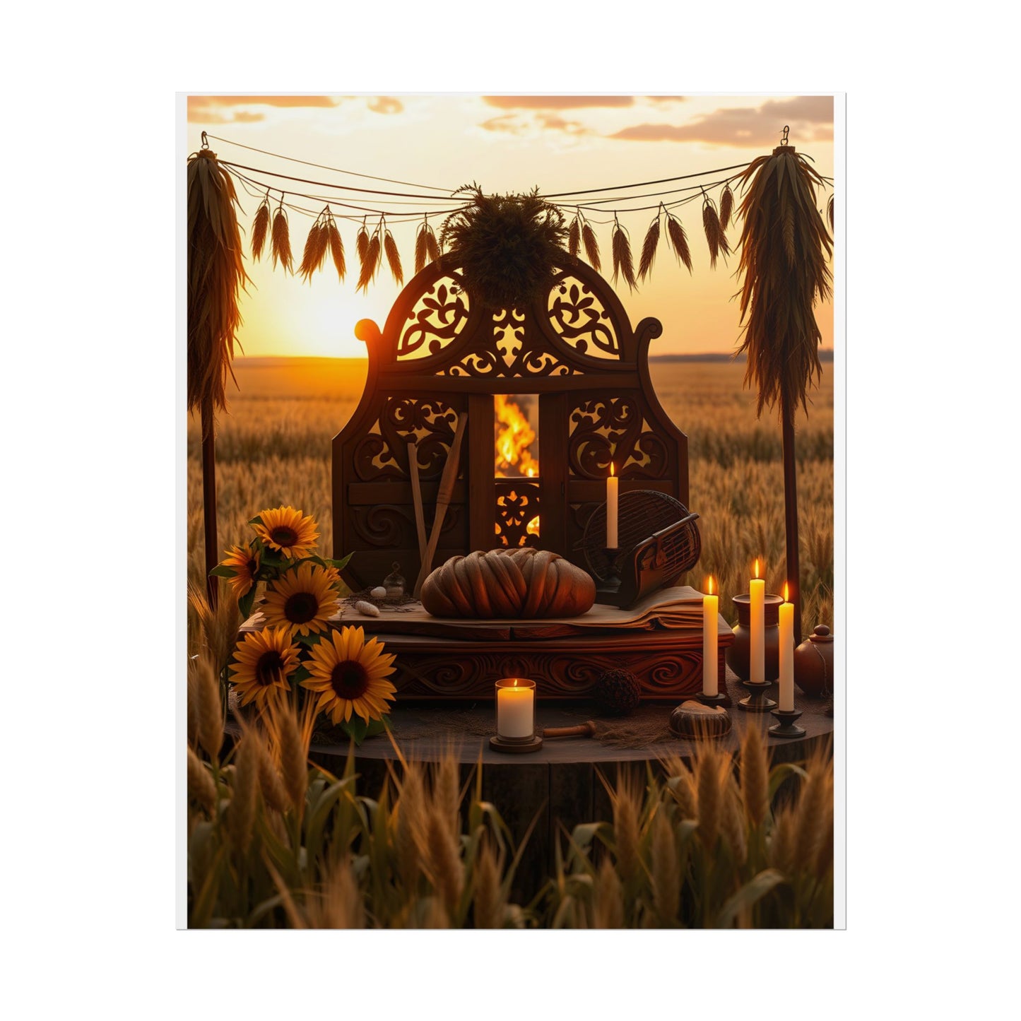 Lughnasadh Sacred Altar Poster – Pagan Harvest Wall Art with Wheat, Fire, and Sunflowers – Sabbat Decor for Lammas Rituals