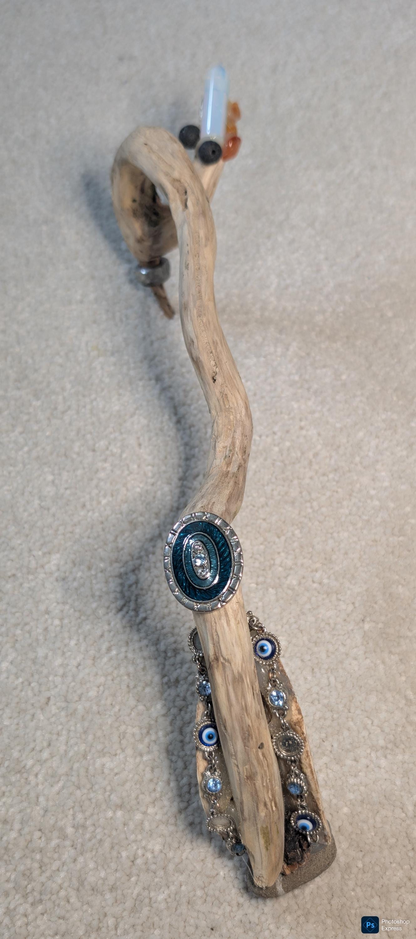 Wicca Journey Handcrafted Alder Wand – Selenite Tip, Rudraksha Beads, Bone Inlay & Wayfinder Stone