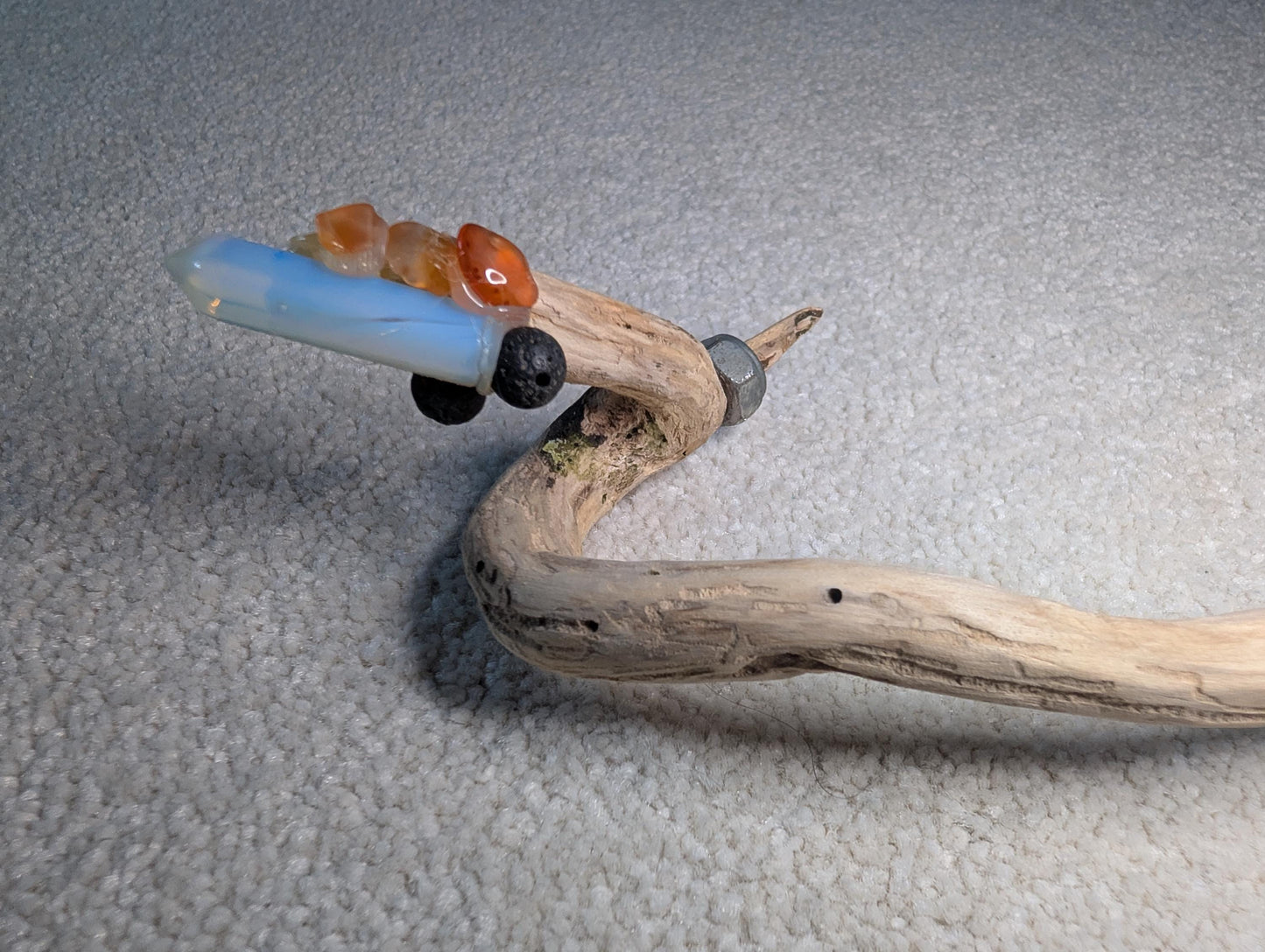 Wicca Journey Handcrafted Alder Wand – Selenite Tip, Rudraksha Beads, Bone Inlay & Wayfinder Stone
