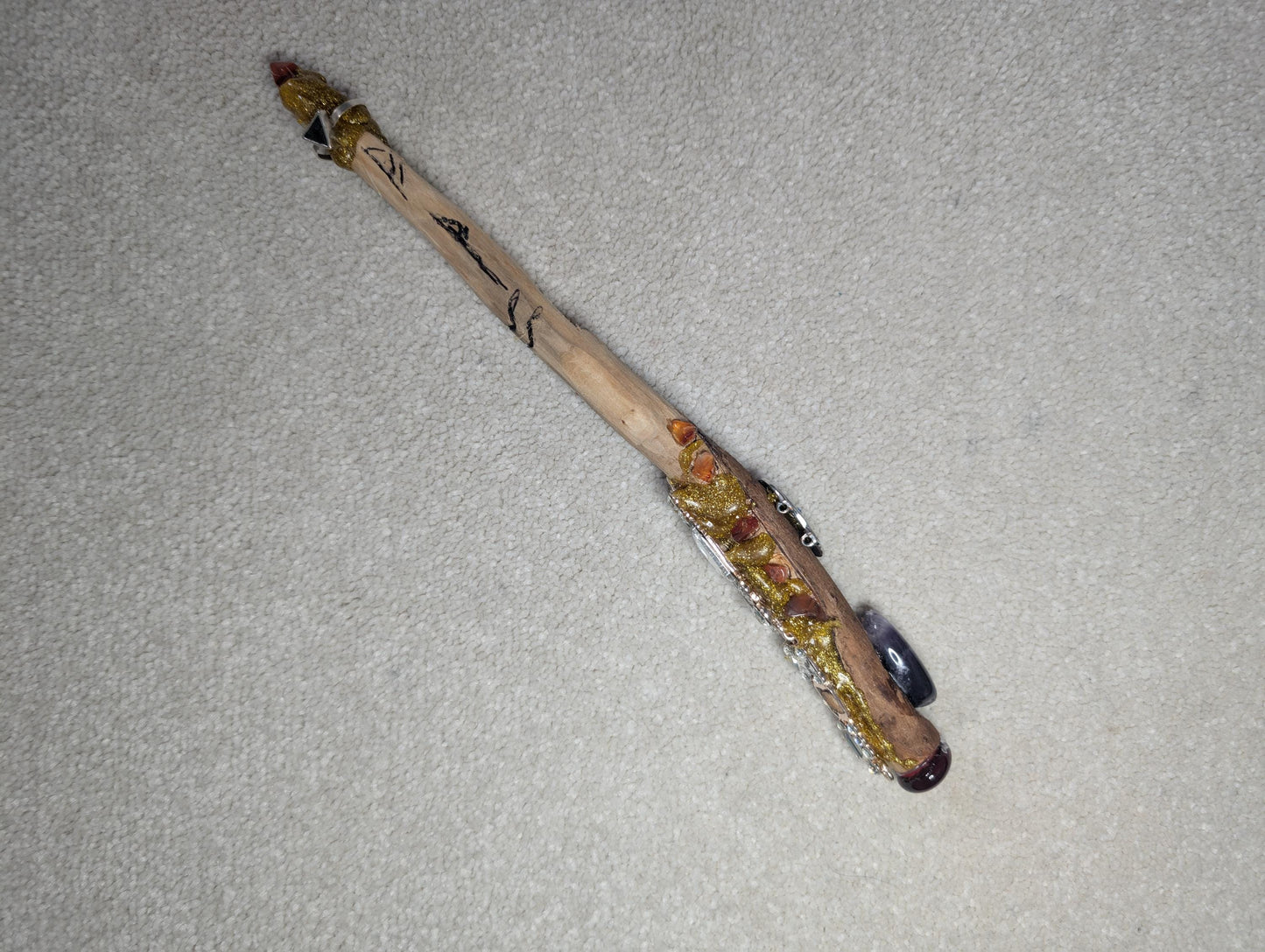 Wicca Journey Handcrafted Hazel Wand – Volcanic Ring, Crystal Tip & Healing Runes