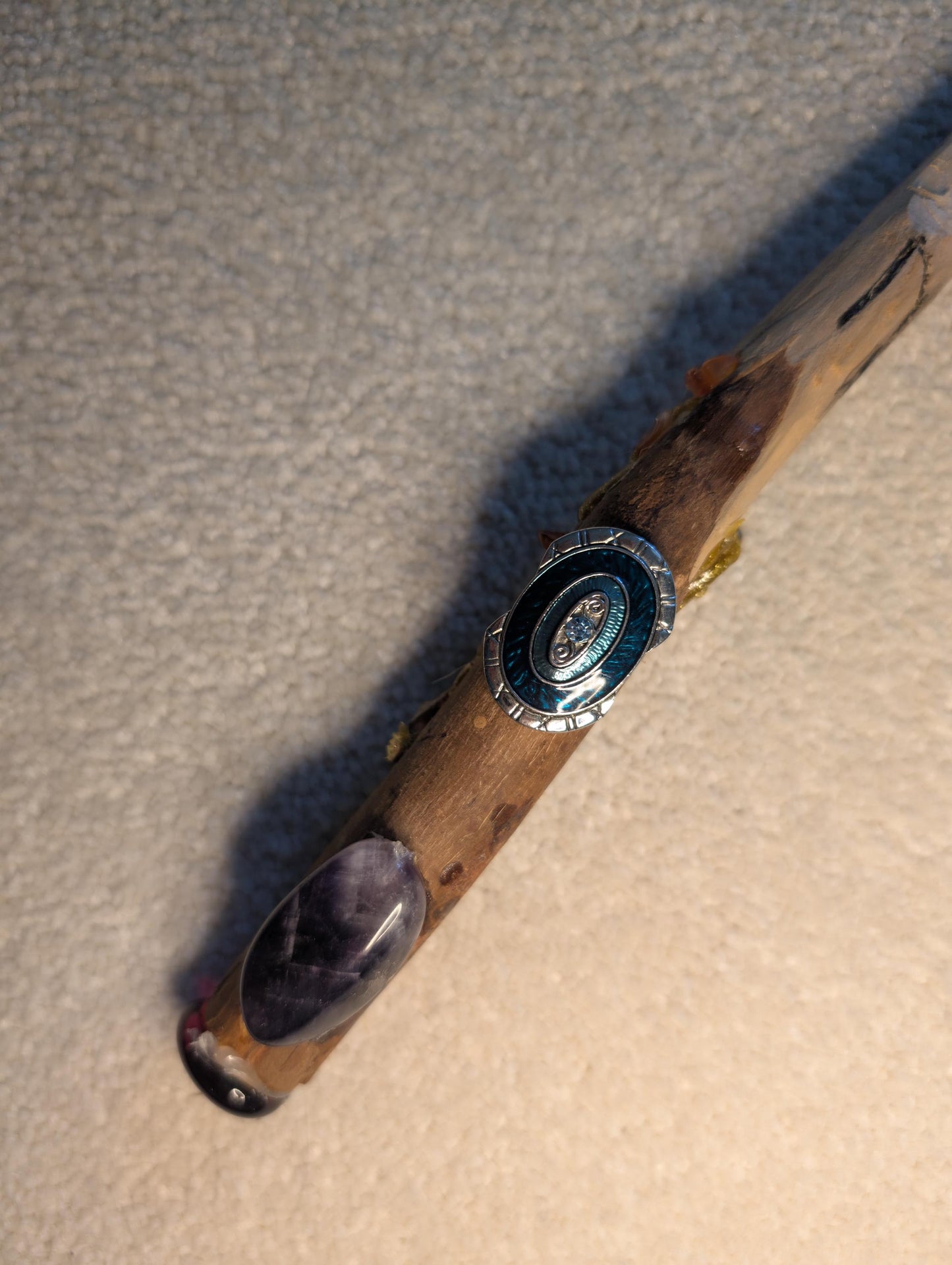 Wicca Journey Handcrafted Hazel Wand – Volcanic Ring, Crystal Tip & Healing Runes