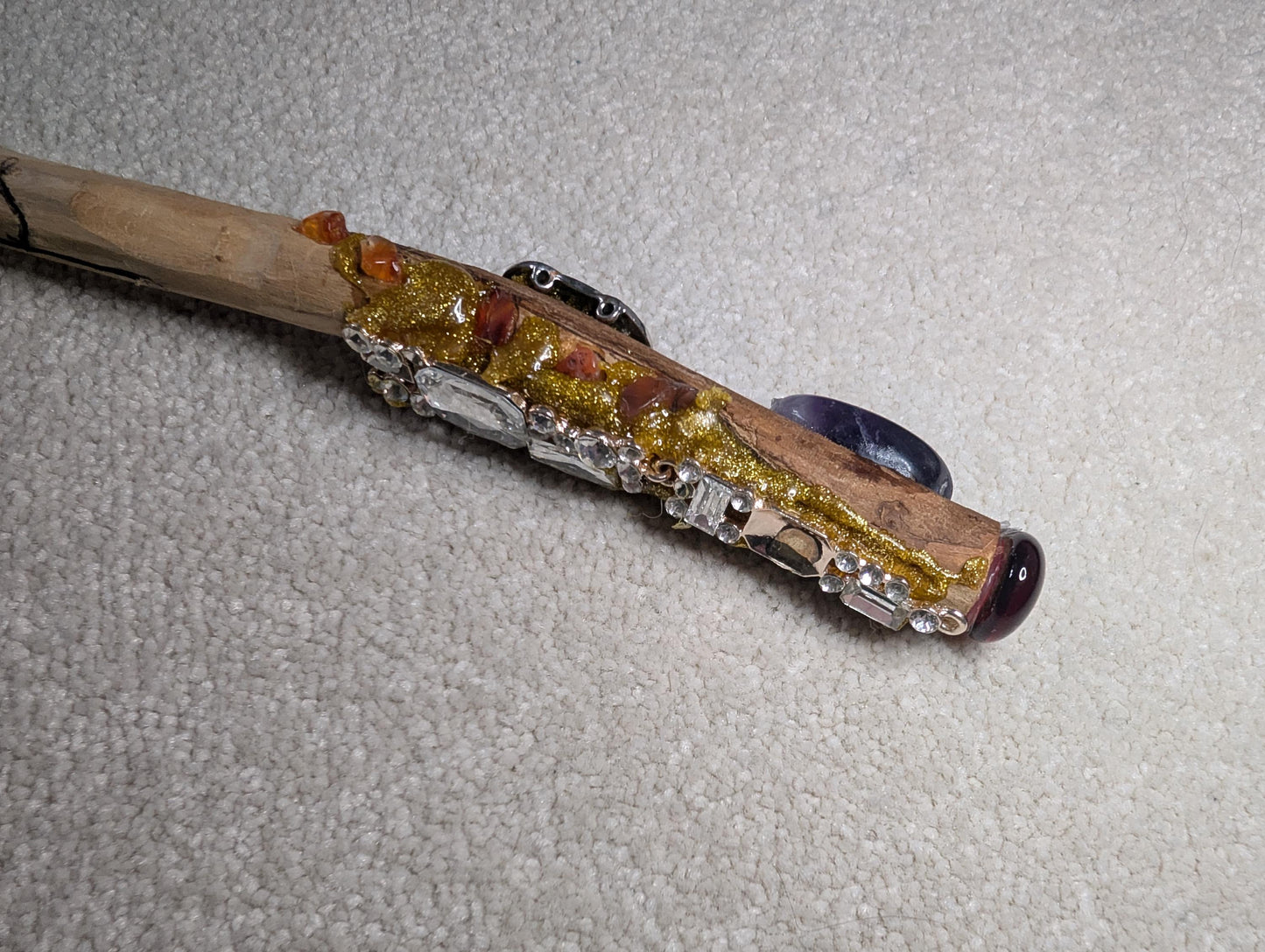Wicca Journey Handcrafted Hazel Wand – Volcanic Ring, Crystal Tip & Healing Runes