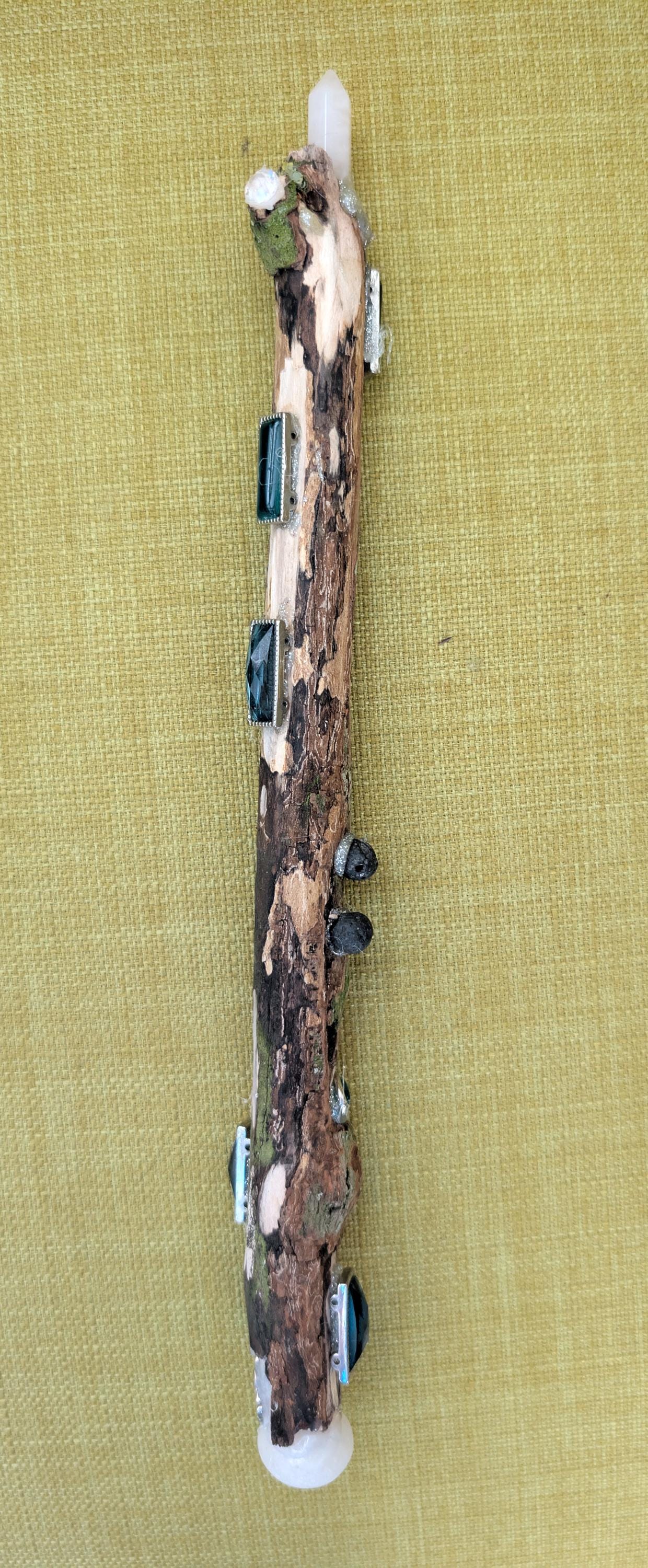 Handcrafted Double Quartz-Tipped Silver Birch Wand | Natural Moss, Blue Gemstones & Silver Rose Detail | Wiccan Ritual Tool | Wicca Journey