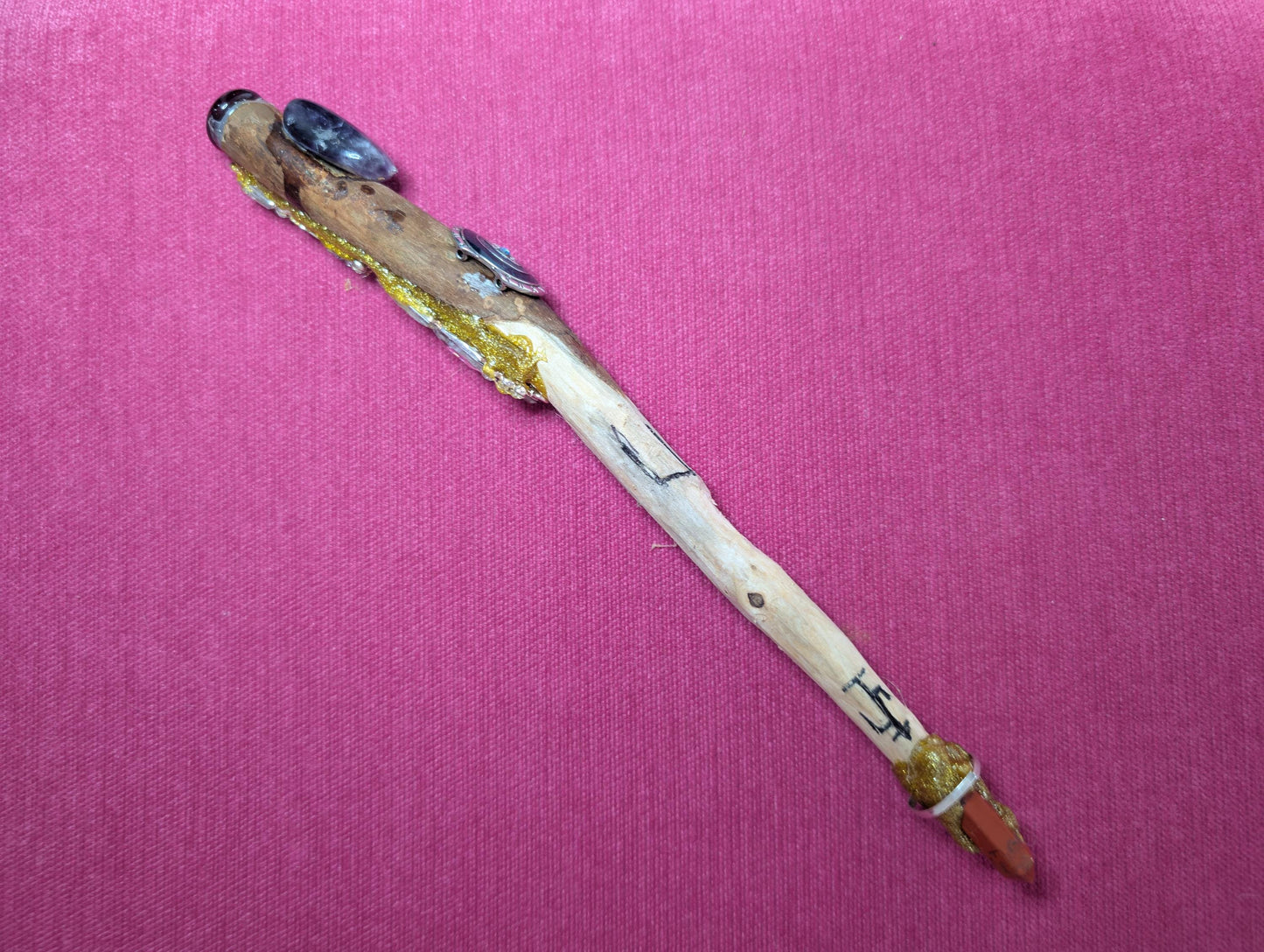 Wicca Journey Handcrafted Hazel Wand – Volcanic Ring, Crystal Tip & Healing Runes