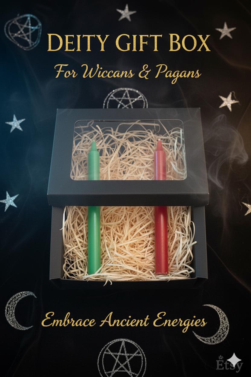 Wiccan Deity Gift Box - Moon Goddess and Cernunnos Altar Set with Red and Green Ritual Candles Pagan Spiritual Gift