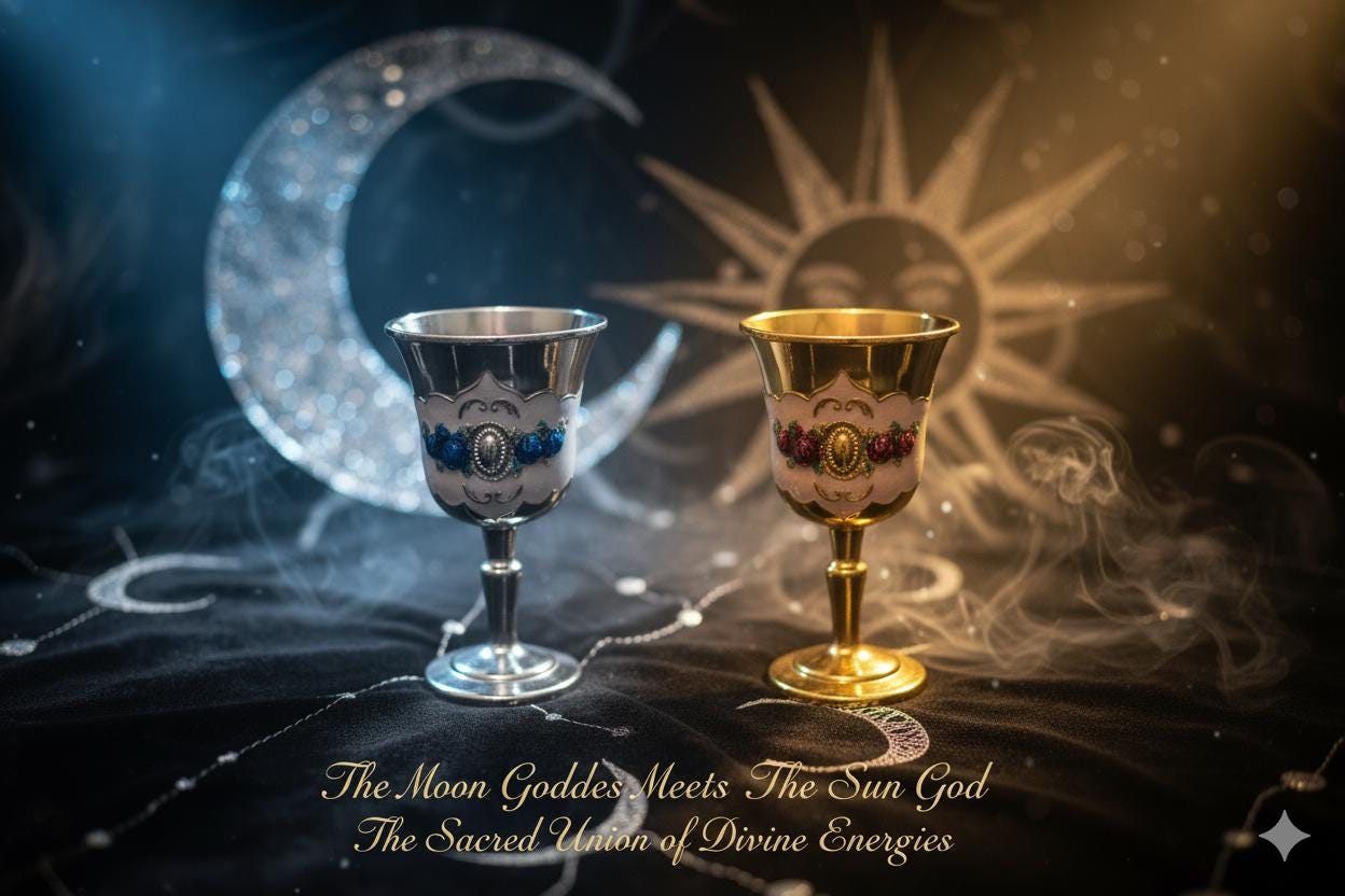 Moon & Sun Chalice Set - Wiccan Ritual Goblets Gold and Silver Altar Chalices Pagan Ceremony Cups Gift Box Included