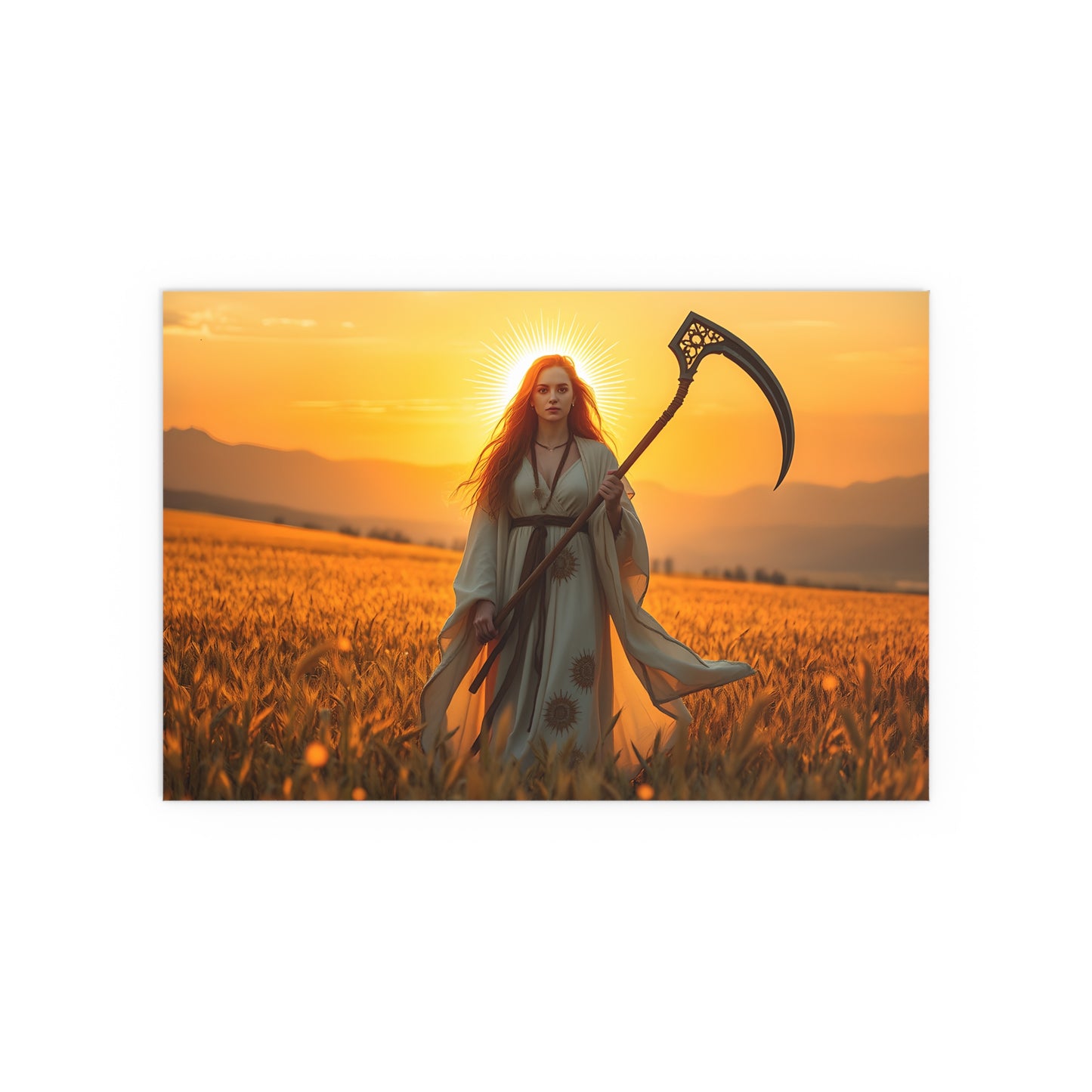 Silk Poster - Harvest Priestess in Golden Wheat Field at Sunset for Wiccan Lughnasadh Celebration