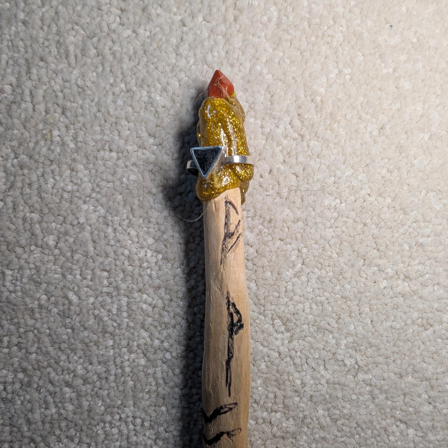 Wicca Journey Handcrafted Hazel Wand – Volcanic Ring, Crystal Tip & Healing Runes