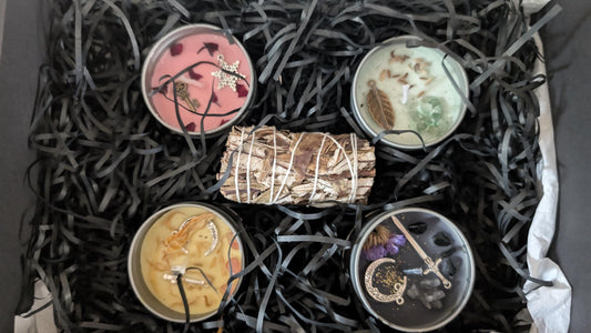 Wicca Journey Crystal Intention Candles and Smudge Stick – Set of 4 Protection, Prosperity, Love and Healing