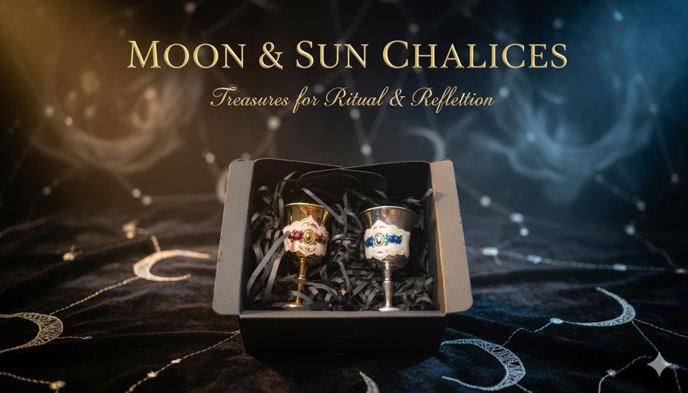 Moon & Sun Chalice Set - Wiccan Ritual Goblets Gold and Silver Altar Chalices Pagan Ceremony Cups Gift Box Included