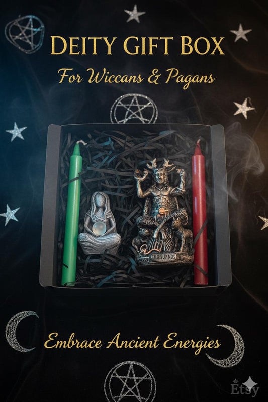 Wiccan Deity Gift Box - Moon Goddess and Cernunnos Altar Set with Red and Green Ritual Candles Pagan Spiritual Gift