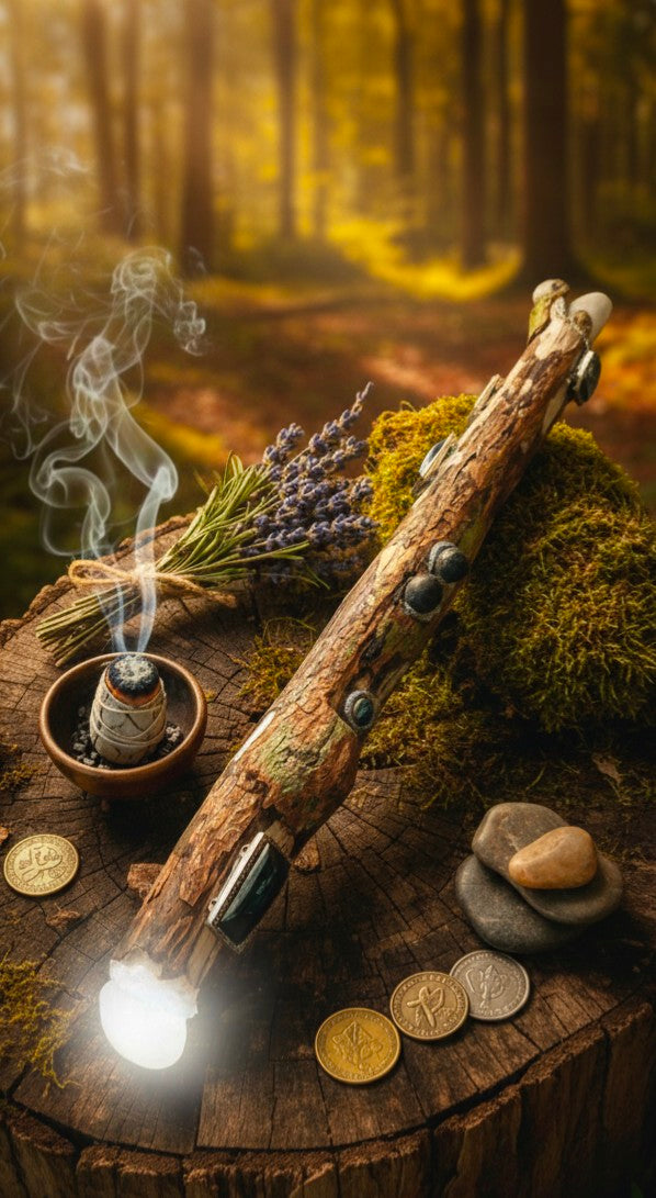 Handcrafted Double Quartz-Tipped Silver Birch Wand | Natural Moss, Blue Gemstones & Silver Rose Detail | Wiccan Ritual Tool | Wicca Journey