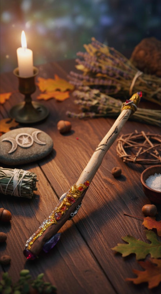 Wicca Journey Handcrafted Hazel Wand – Volcanic Ring, Crystal Tip & Healing Runes